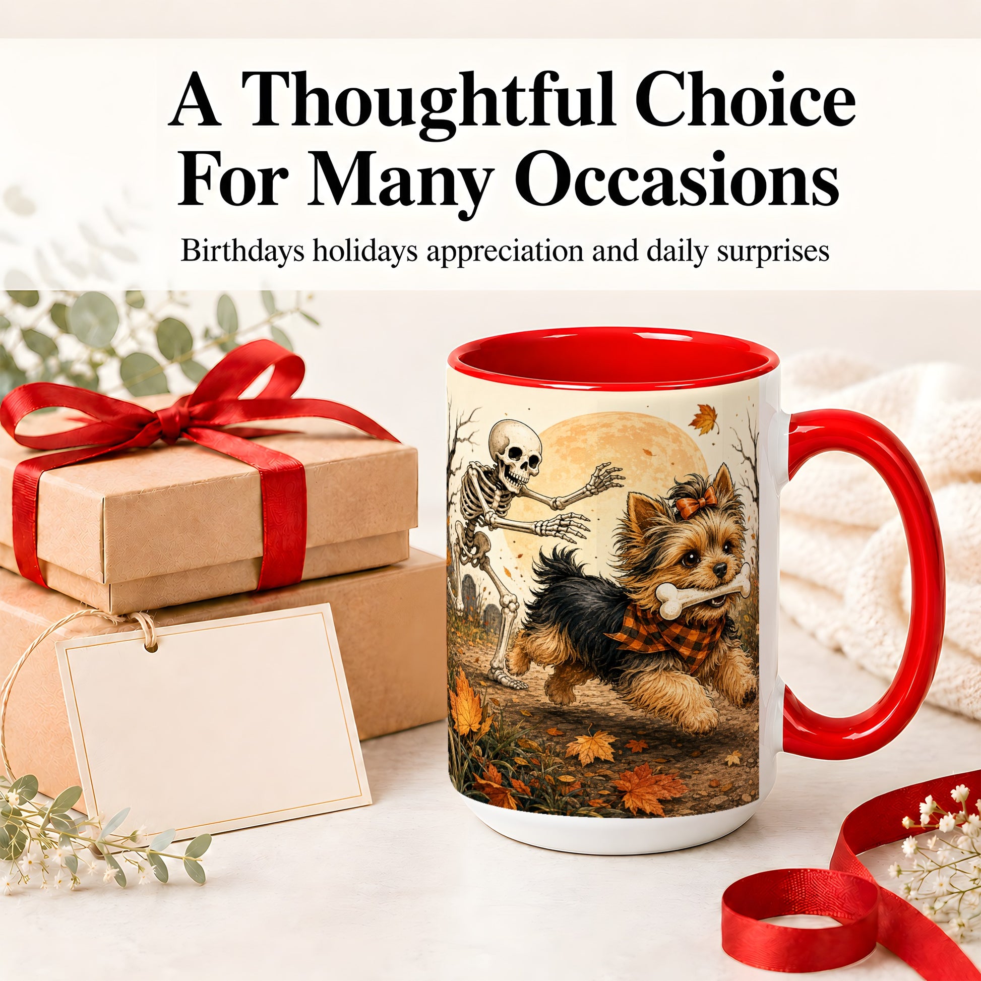 #pl[15oz|Red] Autumn Moon Yorkie Chase Ceramic Mug, Skeleton Art for Dog Lovers