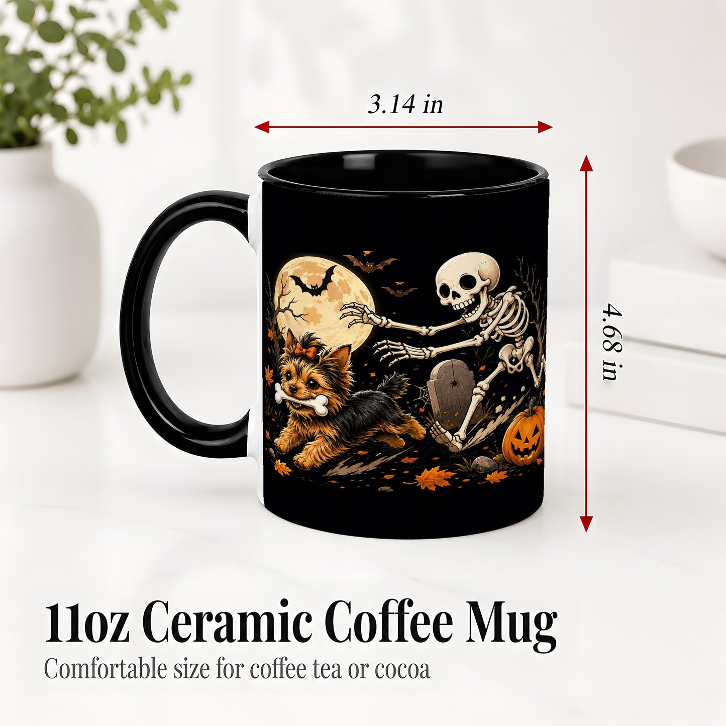 #pl[11oz|Black] Night Graveyard Yorkie Ceramic Mug, Halloween Art for Dog Lovers