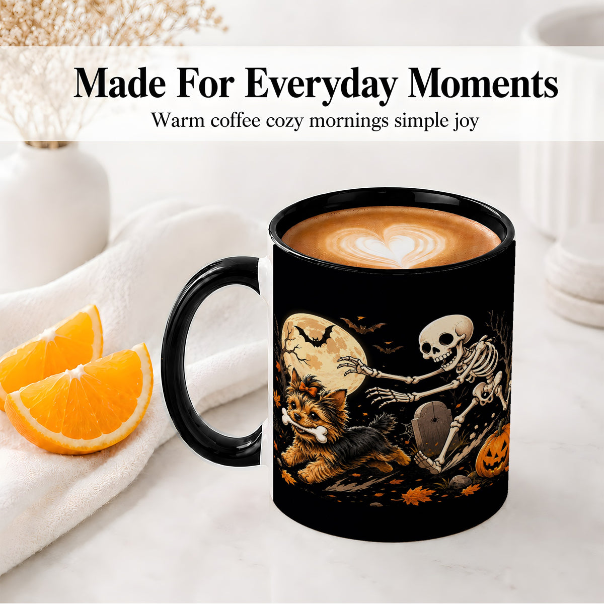 #pl[11oz|Black] Night Graveyard Yorkie Ceramic Mug, Halloween Art for Dog Lovers