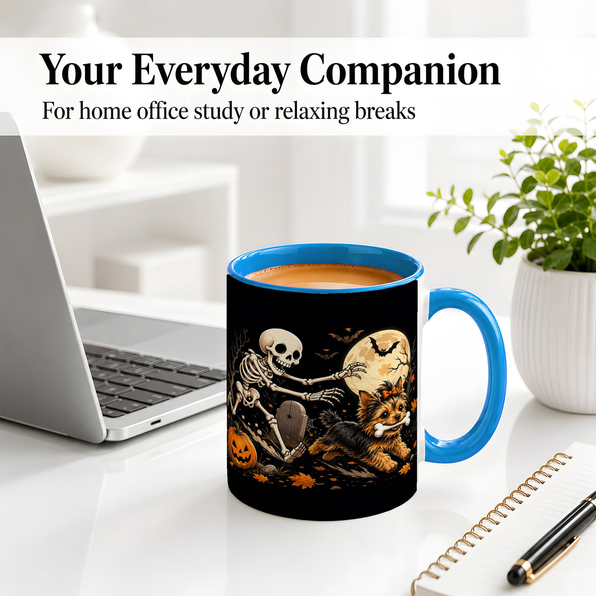 #pl[11oz|Blue] Night Graveyard Yorkie Ceramic Mug, Halloween Art for Dog Lovers