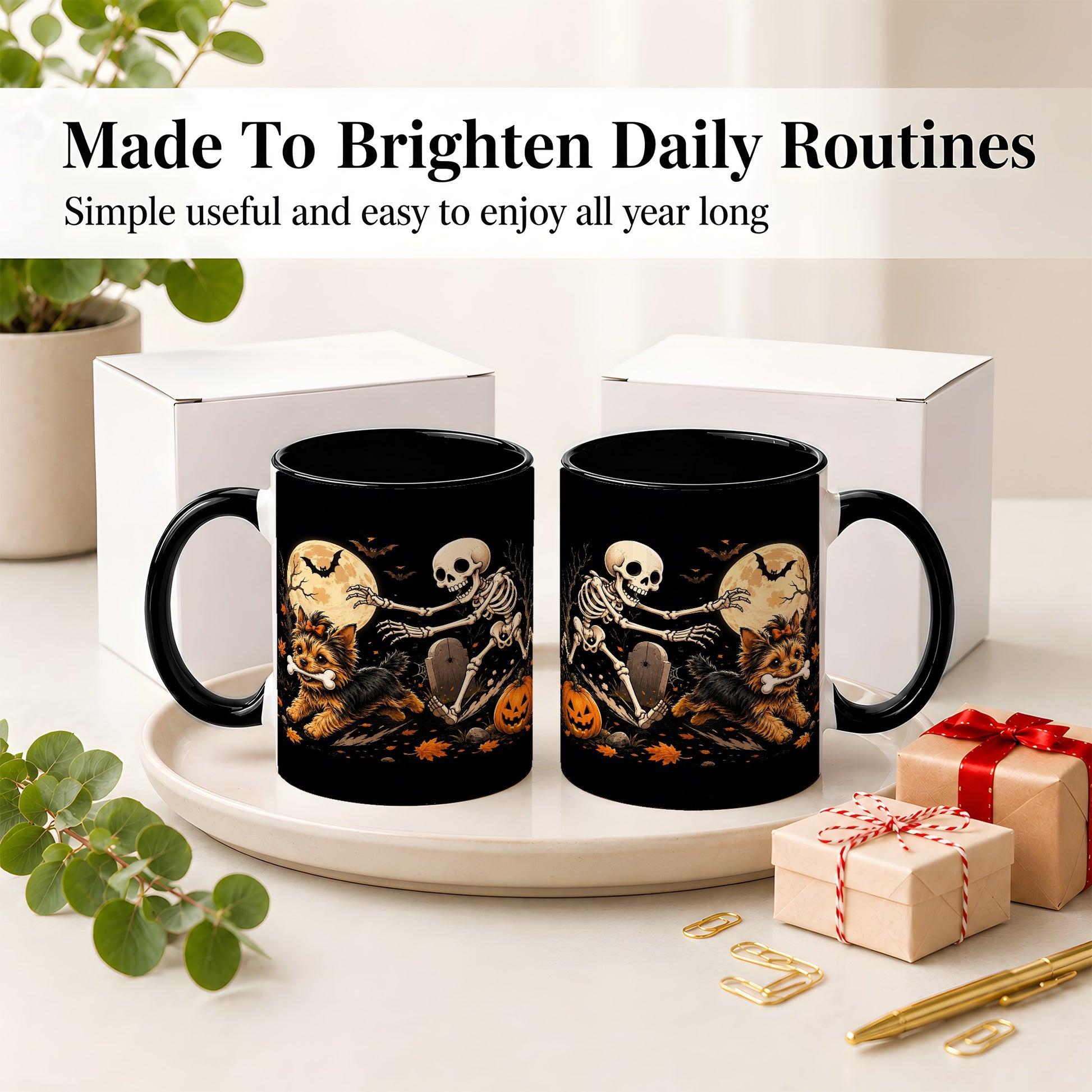 #pl[11oz|Black] Night Graveyard Yorkie Ceramic Mug, Halloween Art for Dog Lovers