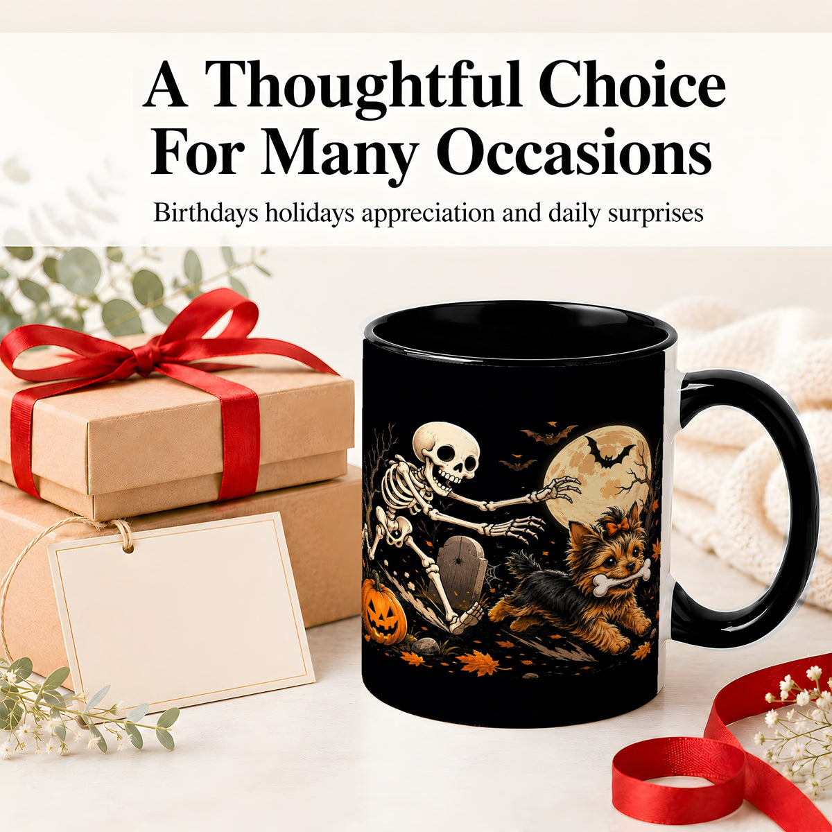 #pl[11oz|Black] Night Graveyard Yorkie Ceramic Mug, Halloween Art for Dog Lovers