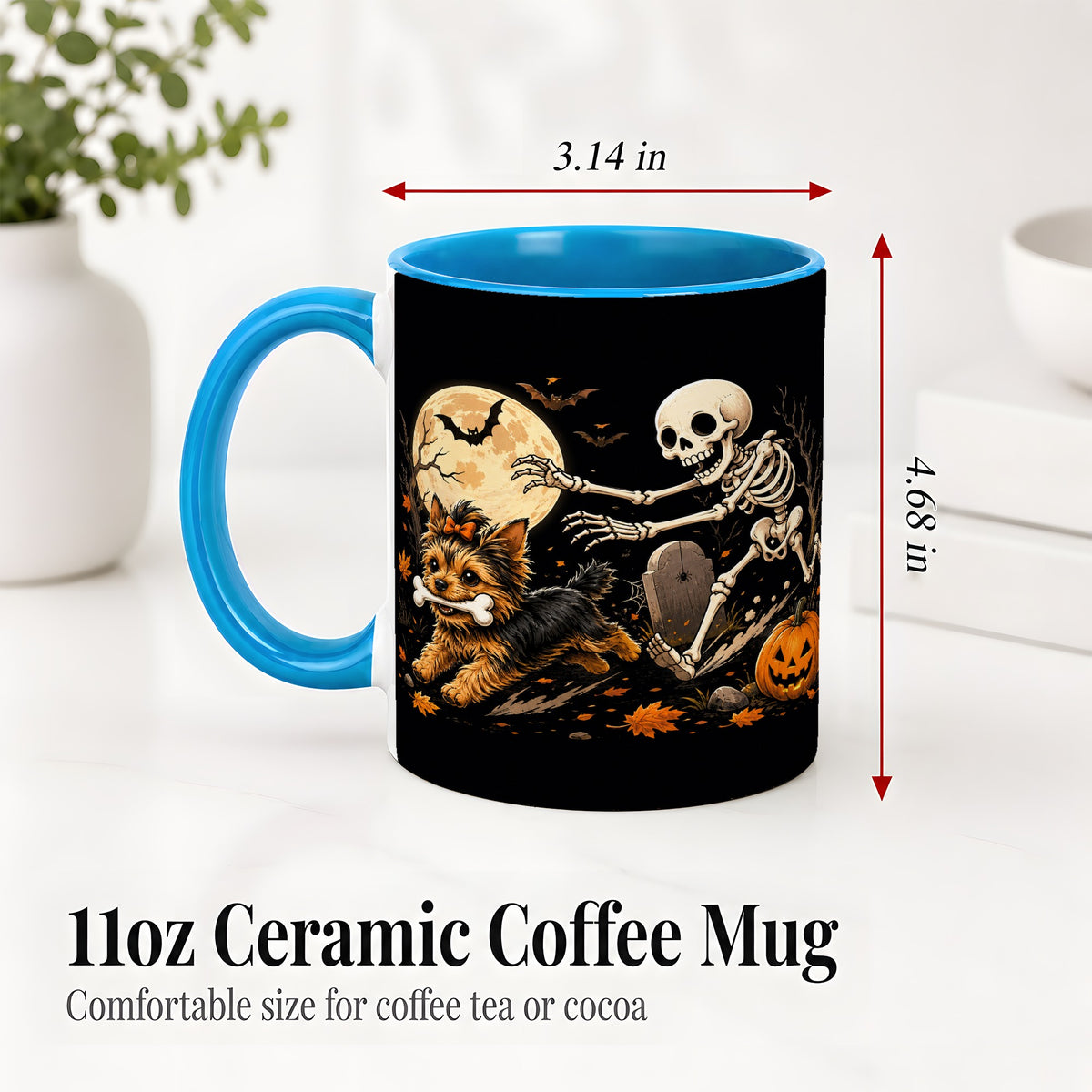 #pl[11oz|Blue] Night Graveyard Yorkie Ceramic Mug, Halloween Art for Dog Lovers