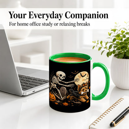 #pl[11oz|Green] Night Graveyard Yorkie Ceramic Mug, Halloween Art for Dog Lovers