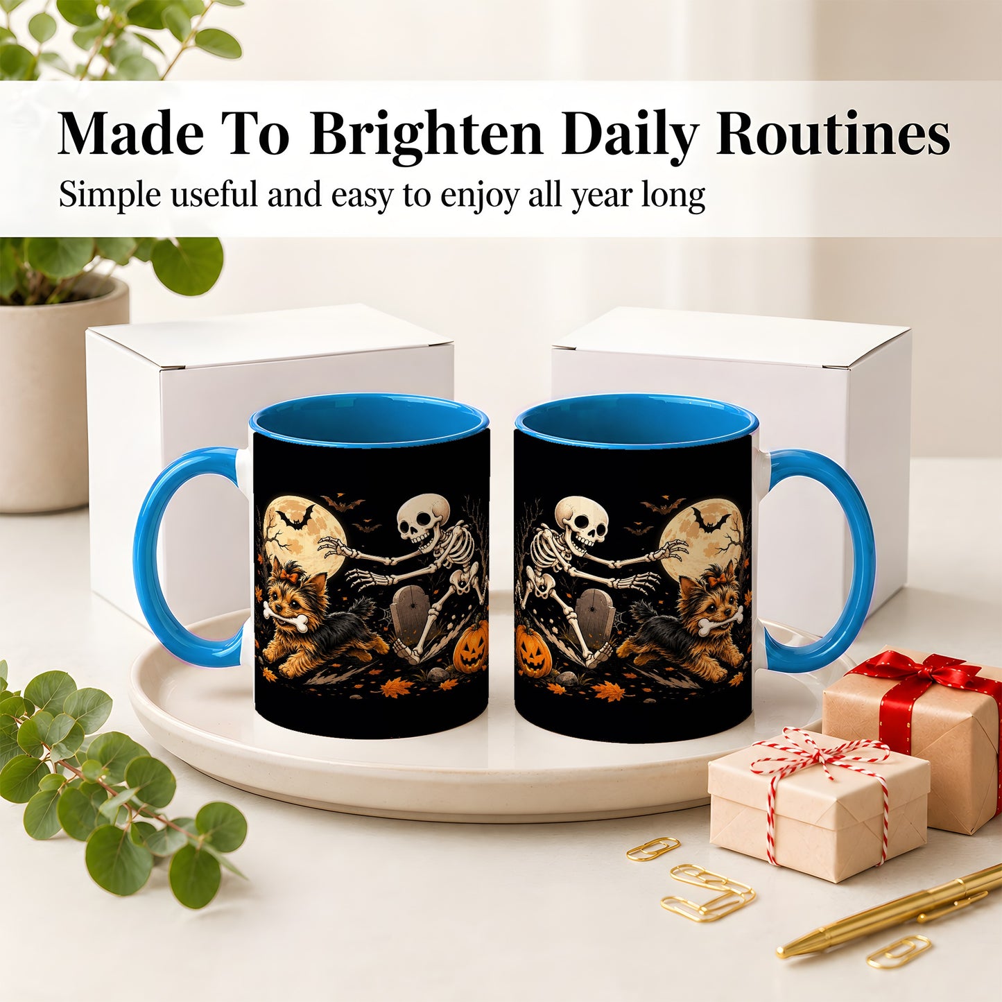 #pl[11oz|Blue] Night Graveyard Yorkie Ceramic Mug, Halloween Art for Dog Lovers