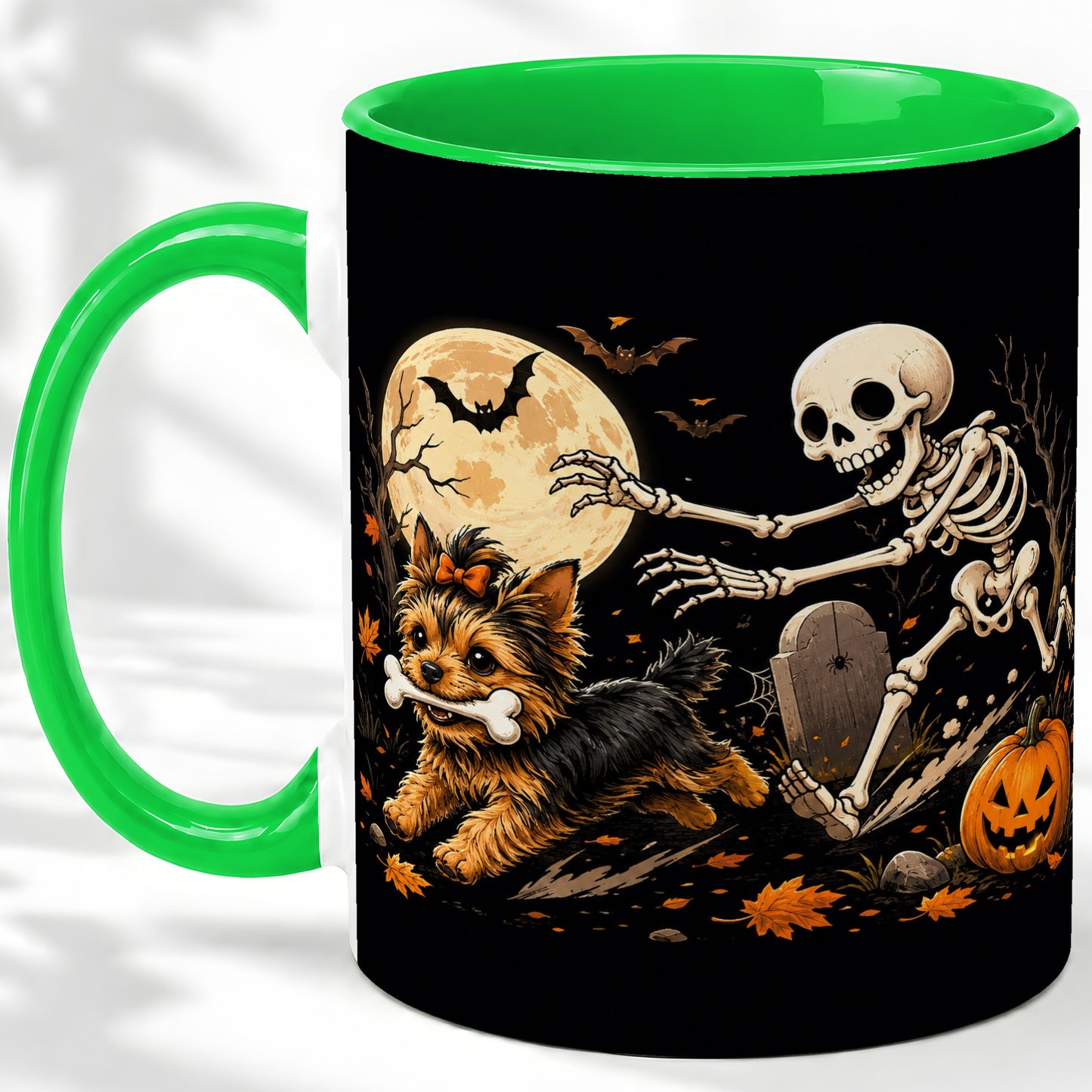 #pl[11oz|Green] Night Graveyard Yorkie Ceramic Mug, Halloween Art for Dog Lovers