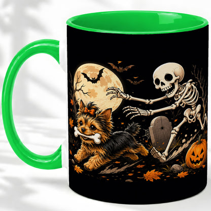 #pl[11oz|Green] Night Graveyard Yorkie Ceramic Mug, Halloween Art for Dog Lovers