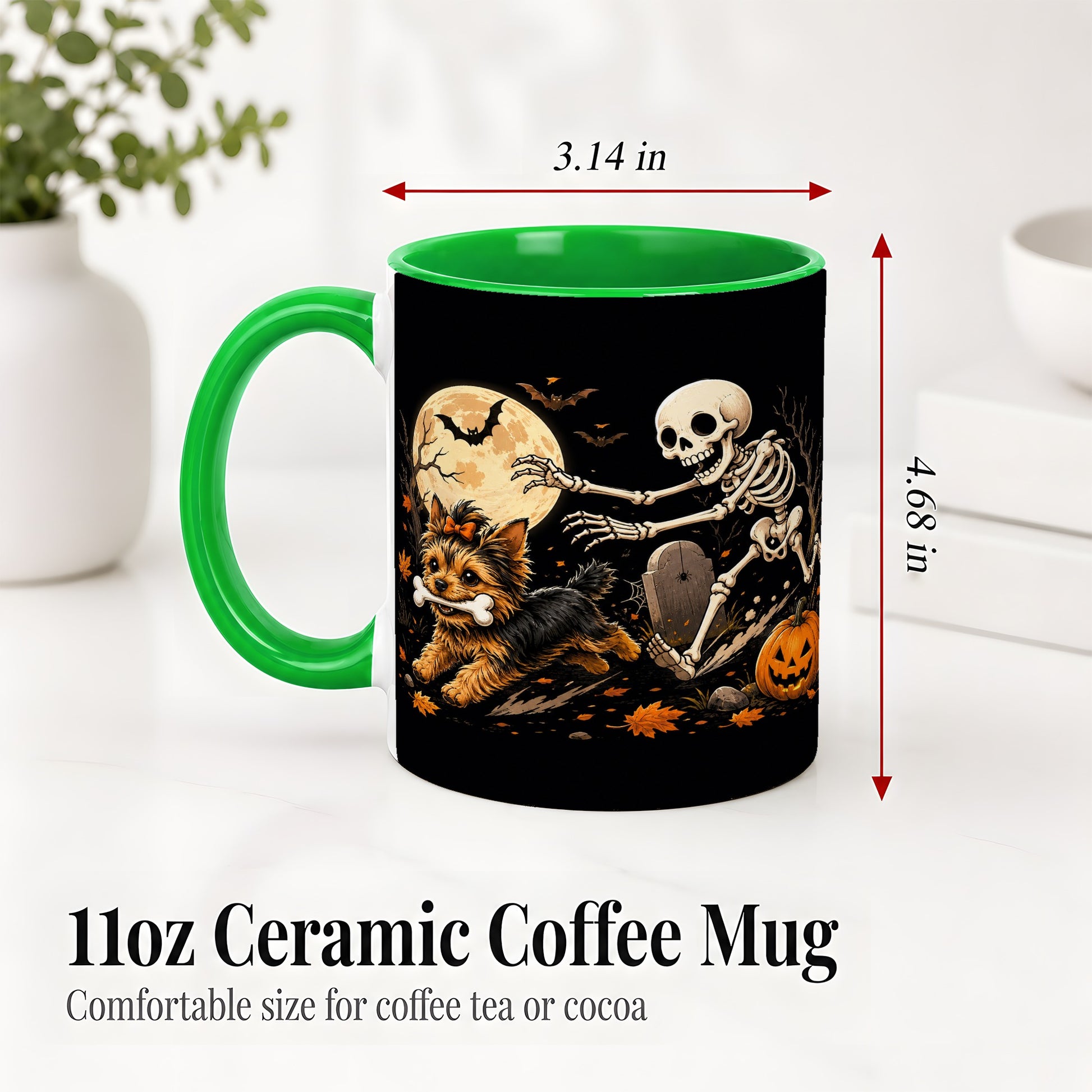 #pl[11oz|Green] Night Graveyard Yorkie Ceramic Mug, Halloween Art for Dog Lovers