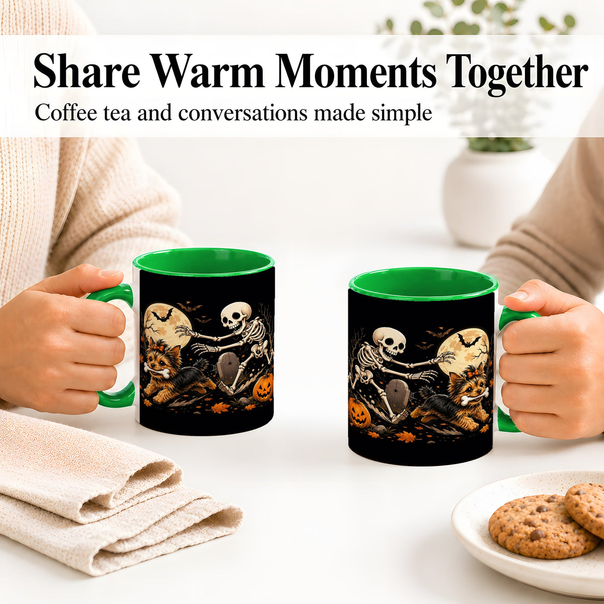 #pl[11oz|Green] Night Graveyard Yorkie Ceramic Mug, Halloween Art for Dog Lovers