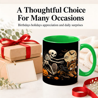 #pl[11oz|Green] Night Graveyard Yorkie Ceramic Mug, Halloween Art for Dog Lovers