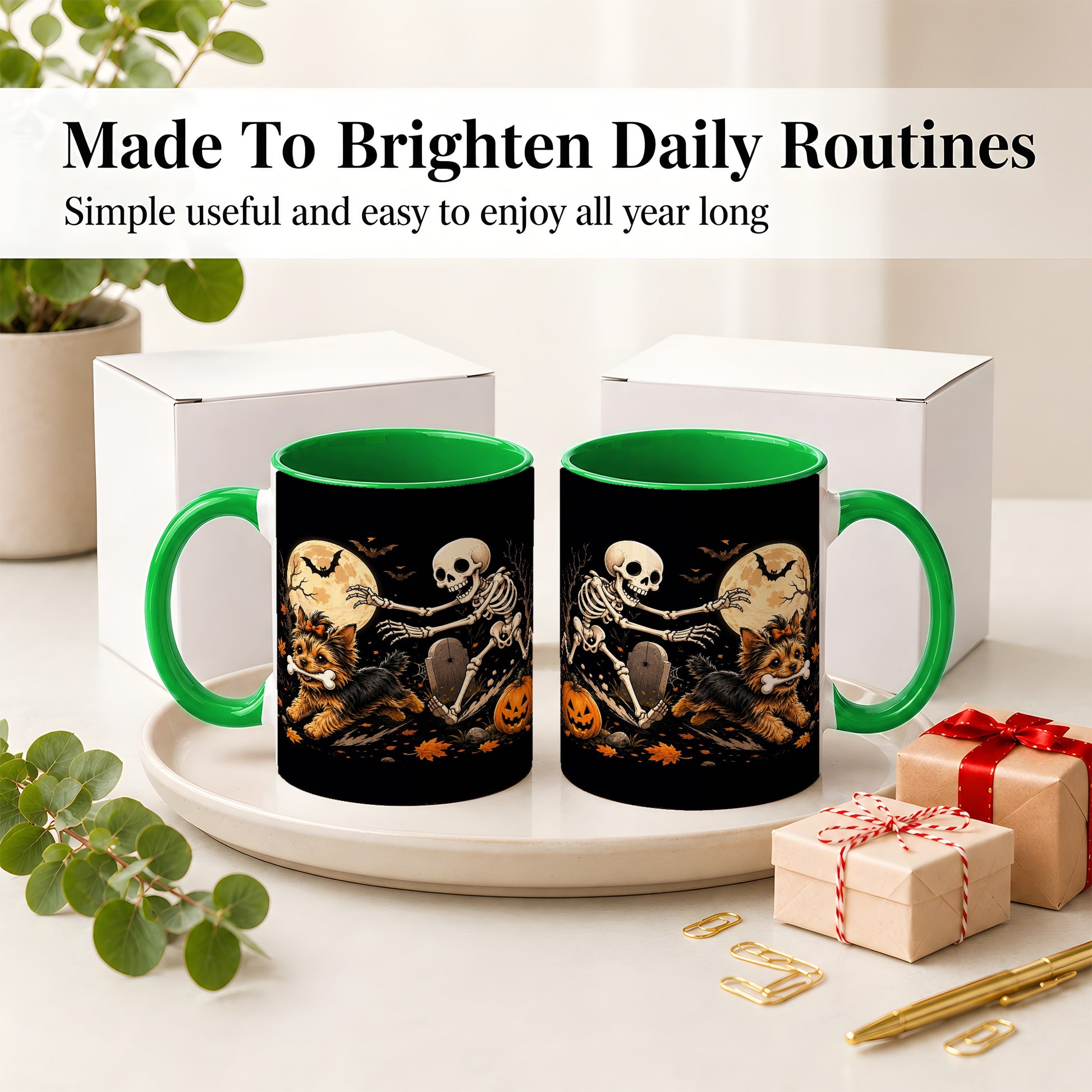 #pl[11oz|Green] Night Graveyard Yorkie Ceramic Mug, Halloween Art for Dog Lovers