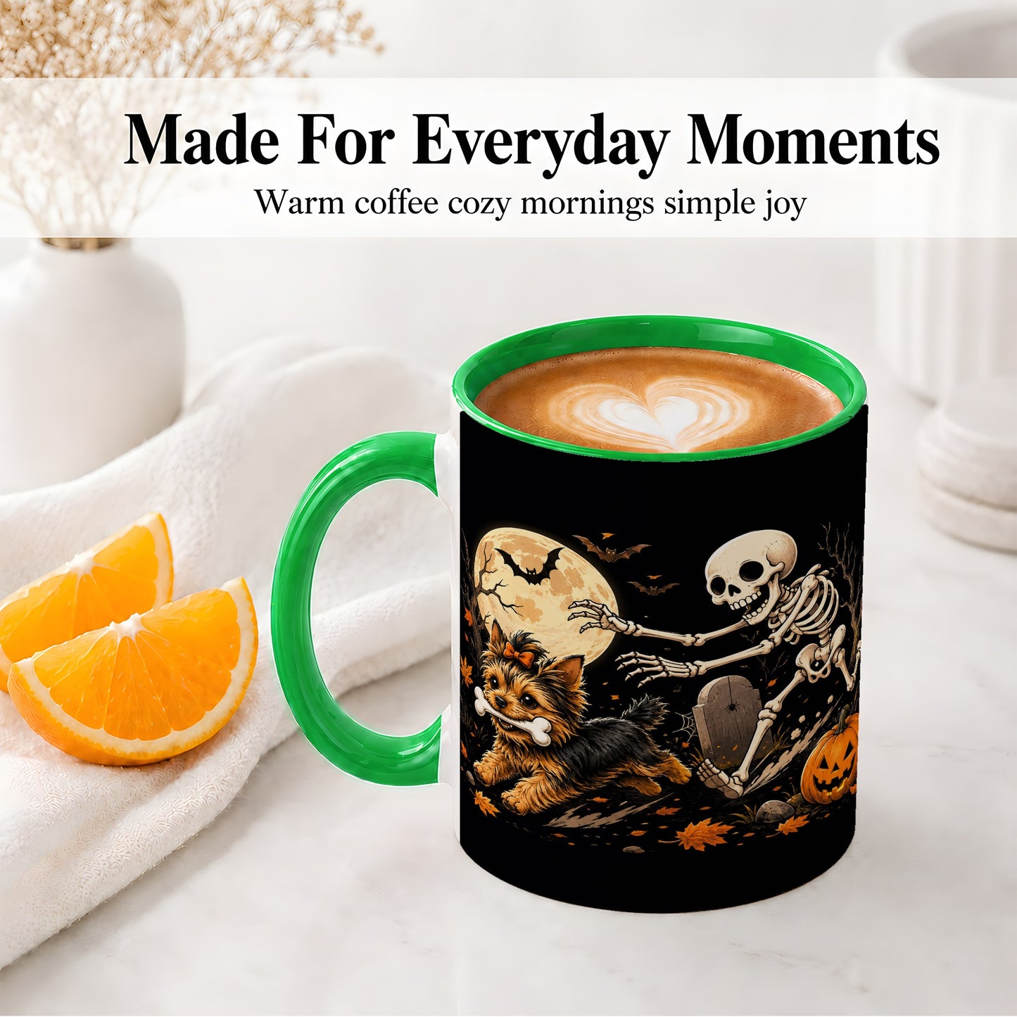 #pl[11oz|Green] Night Graveyard Yorkie Ceramic Mug, Halloween Art for Dog Lovers