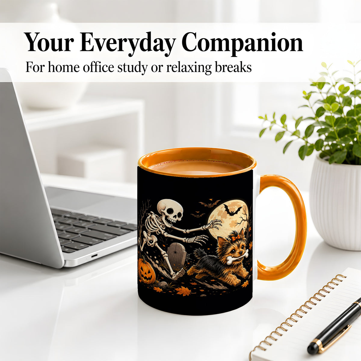 #pl[11oz|Orange] Night Graveyard Yorkie Ceramic Mug, Halloween Art for Dog Lovers