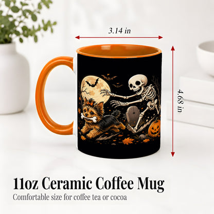 #pl[11oz|Orange] Night Graveyard Yorkie Ceramic Mug, Halloween Art for Dog Lovers