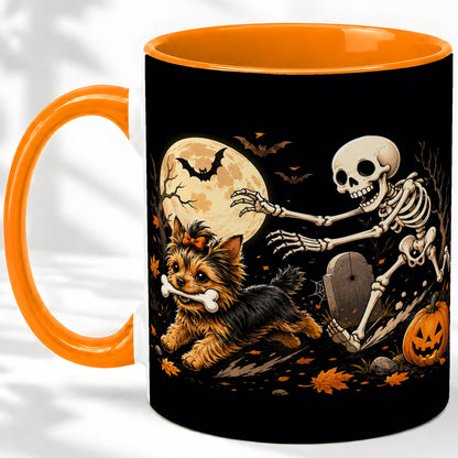 #pl[11oz|Orange] Night Graveyard Yorkie Ceramic Mug, Halloween Art for Dog Lovers