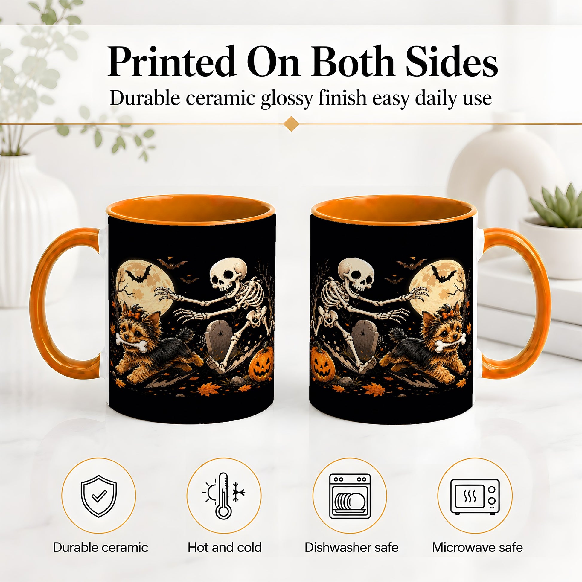 #pl[11oz|Orange] Night Graveyard Yorkie Ceramic Mug, Halloween Art for Dog Lovers