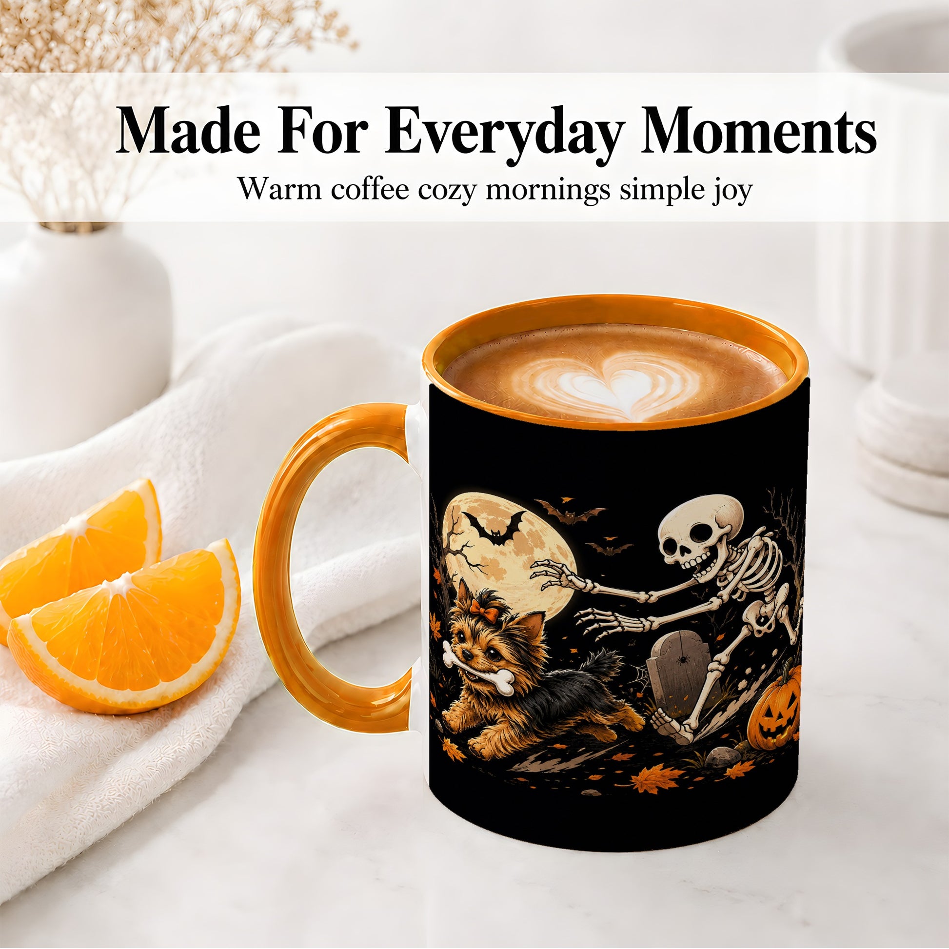 #pl[11oz|Orange] Night Graveyard Yorkie Ceramic Mug, Halloween Art for Dog Lovers