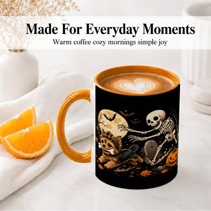 #pl[11oz|Orange] Night Graveyard Yorkie Ceramic Mug, Halloween Art for Dog Lovers