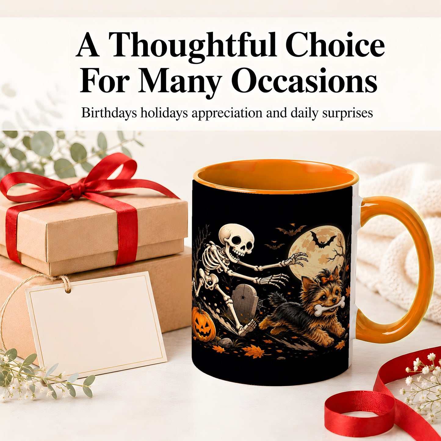 #pl[11oz|Orange] Night Graveyard Yorkie Ceramic Mug, Halloween Art for Dog Lovers
