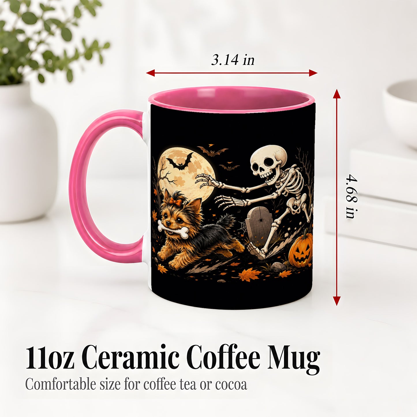 #pl[11oz|Pink] Night Graveyard Yorkie Ceramic Mug, Halloween Art for Dog Lovers
