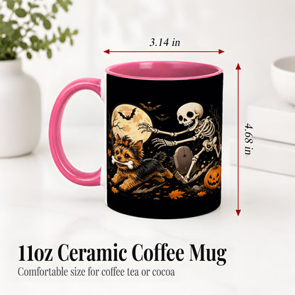 #pl[11oz|Pink] Night Graveyard Yorkie Ceramic Mug, Halloween Art for Dog Lovers