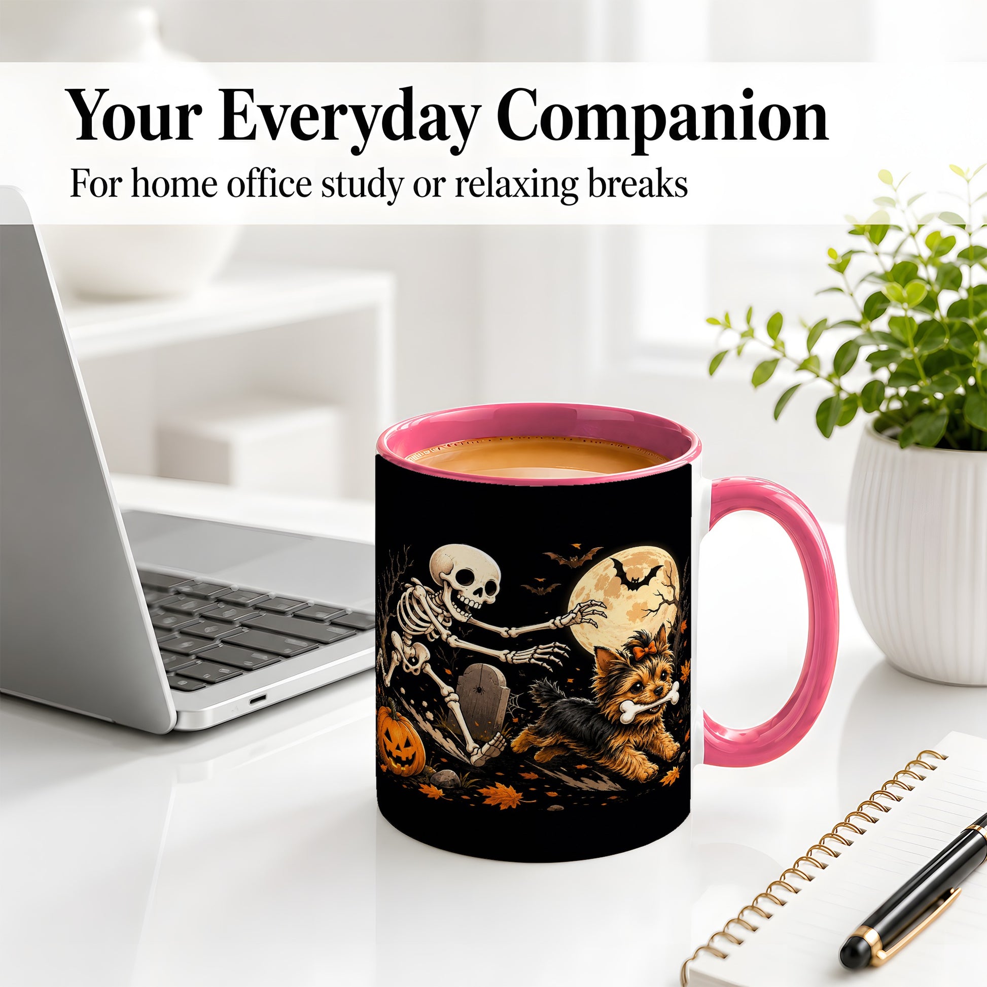#pl[11oz|Pink] Night Graveyard Yorkie Ceramic Mug, Halloween Art for Dog Lovers