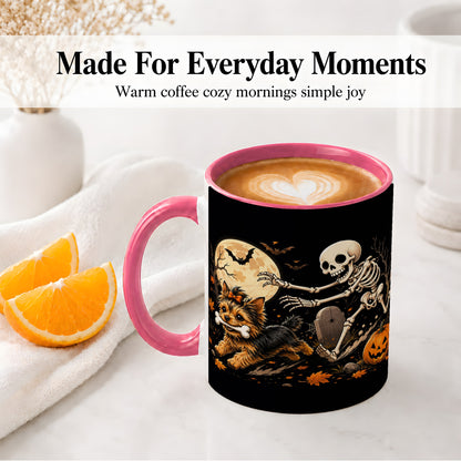 #pl[11oz|Pink] Night Graveyard Yorkie Ceramic Mug, Halloween Art for Dog Lovers