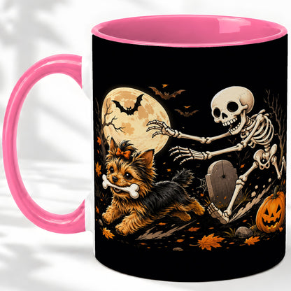 #pl[11oz|Pink] Night Graveyard Yorkie Ceramic Mug, Halloween Art for Dog Lovers