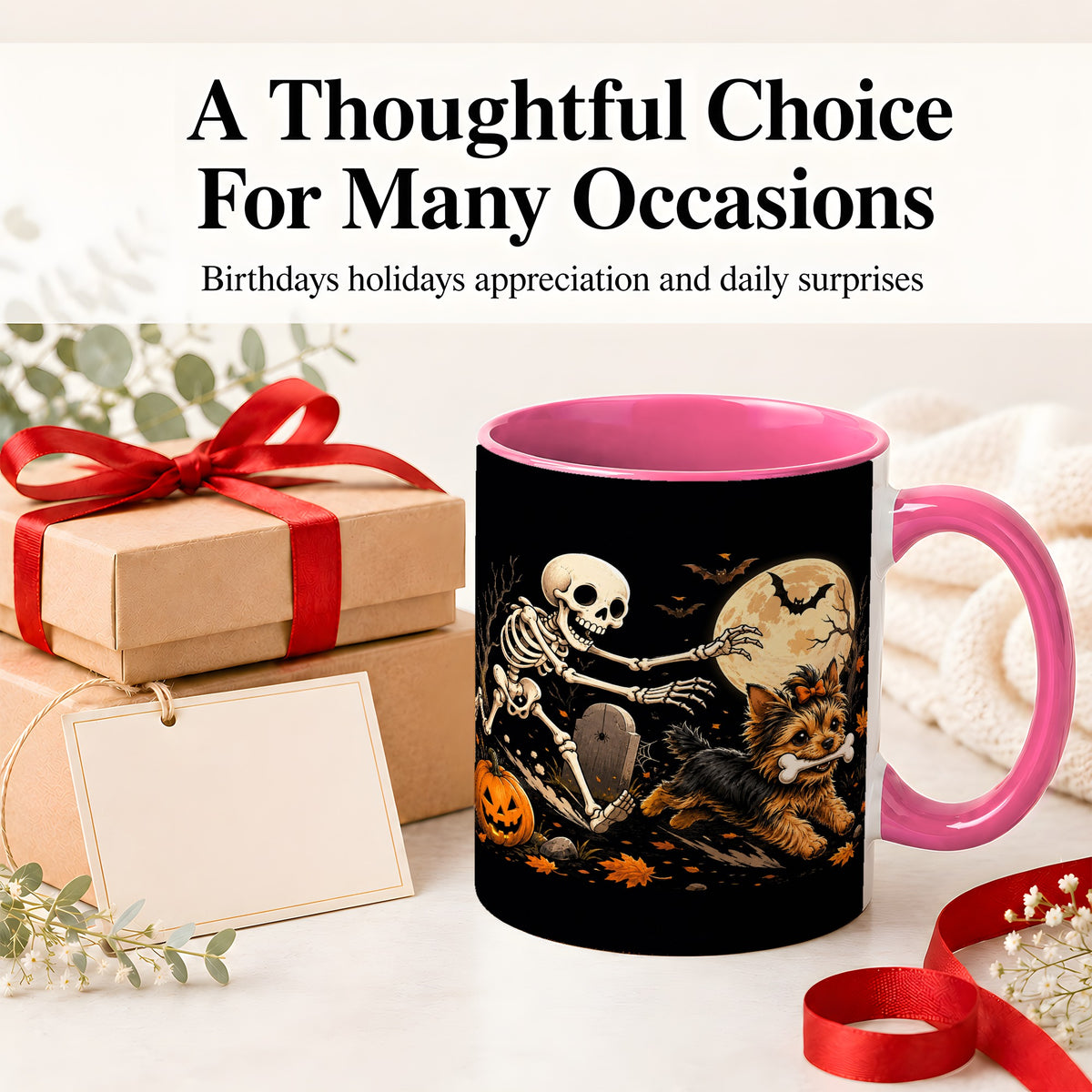 #pl[11oz|Pink] Night Graveyard Yorkie Ceramic Mug, Halloween Art for Dog Lovers