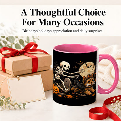 #pl[11oz|Pink] Night Graveyard Yorkie Ceramic Mug, Halloween Art for Dog Lovers