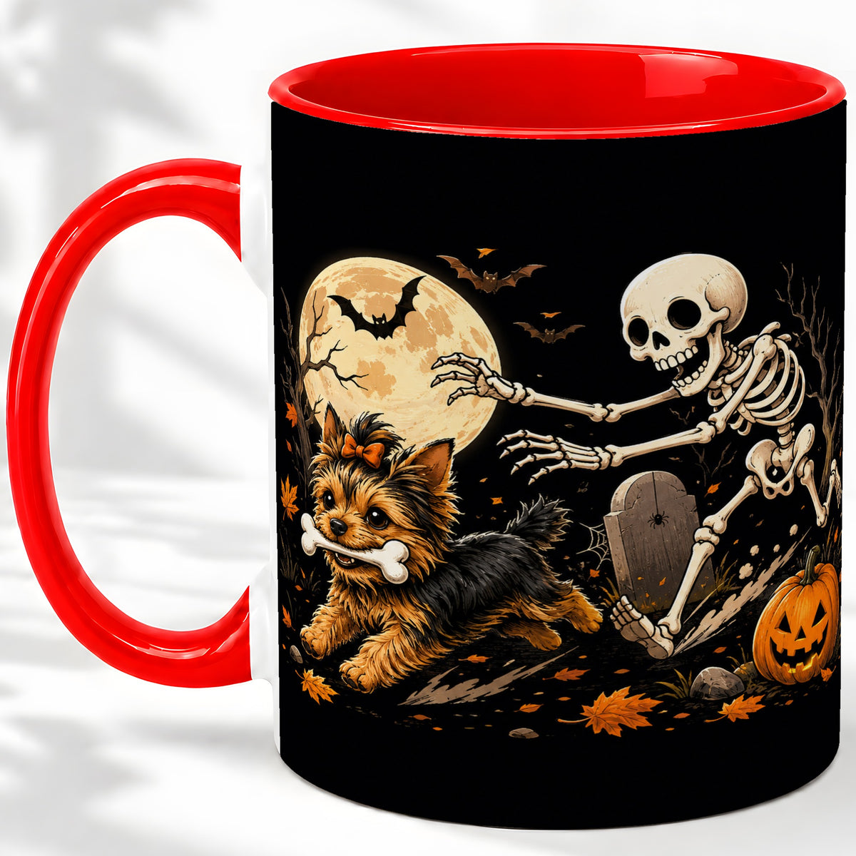 Night Graveyard Yorkie Ceramic Mug, Halloween Art for Dog Lovers