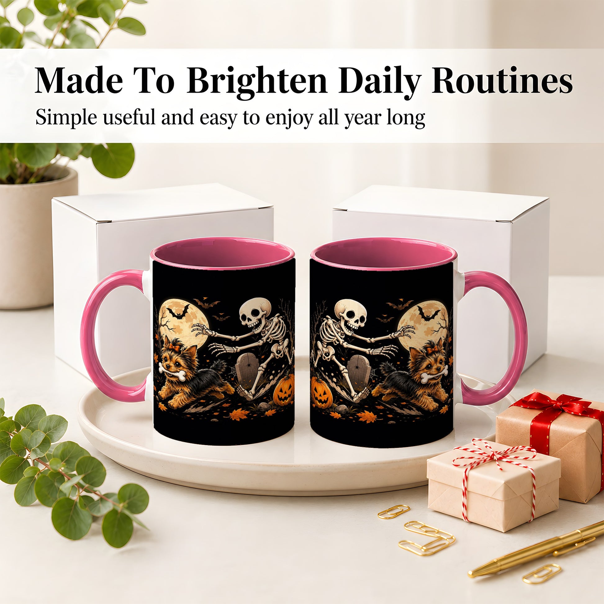 #pl[11oz|Pink] Night Graveyard Yorkie Ceramic Mug, Halloween Art for Dog Lovers