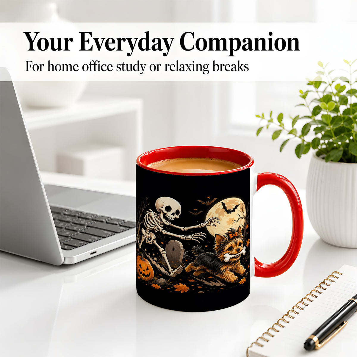 #pl[11oz|Red] Night Graveyard Yorkie Ceramic Mug, Halloween Art for Dog Lovers