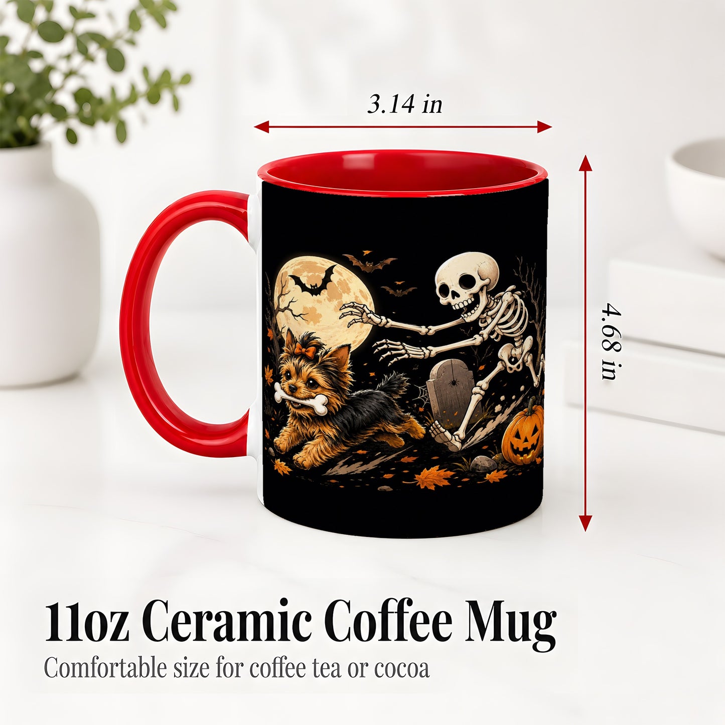 #pl[11oz|Red] Night Graveyard Yorkie Ceramic Mug, Halloween Art for Dog Lovers
