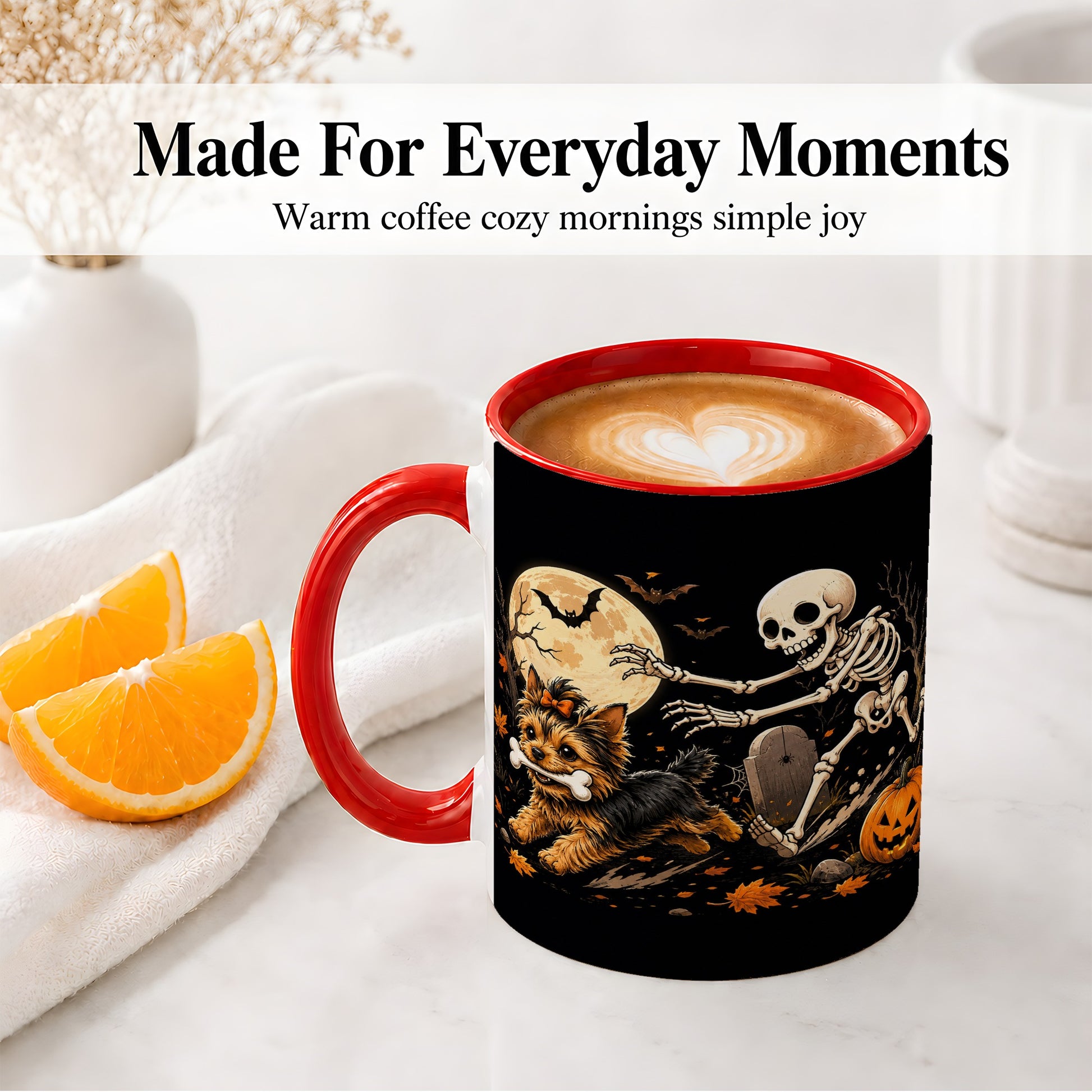 #pl[11oz|Red] Night Graveyard Yorkie Ceramic Mug, Halloween Art for Dog Lovers