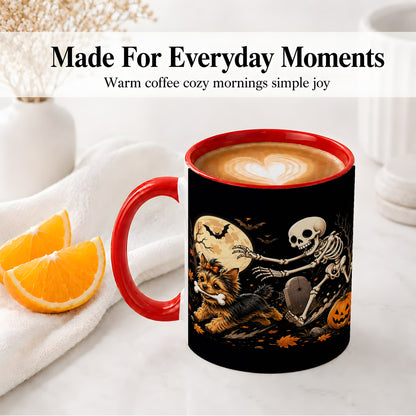 #pl[11oz|Red] Night Graveyard Yorkie Ceramic Mug, Halloween Art for Dog Lovers