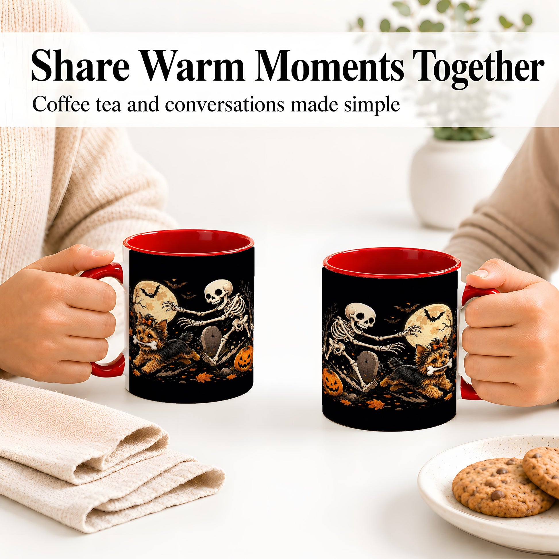 #pl[11oz|Red] Night Graveyard Yorkie Ceramic Mug, Halloween Art for Dog Lovers