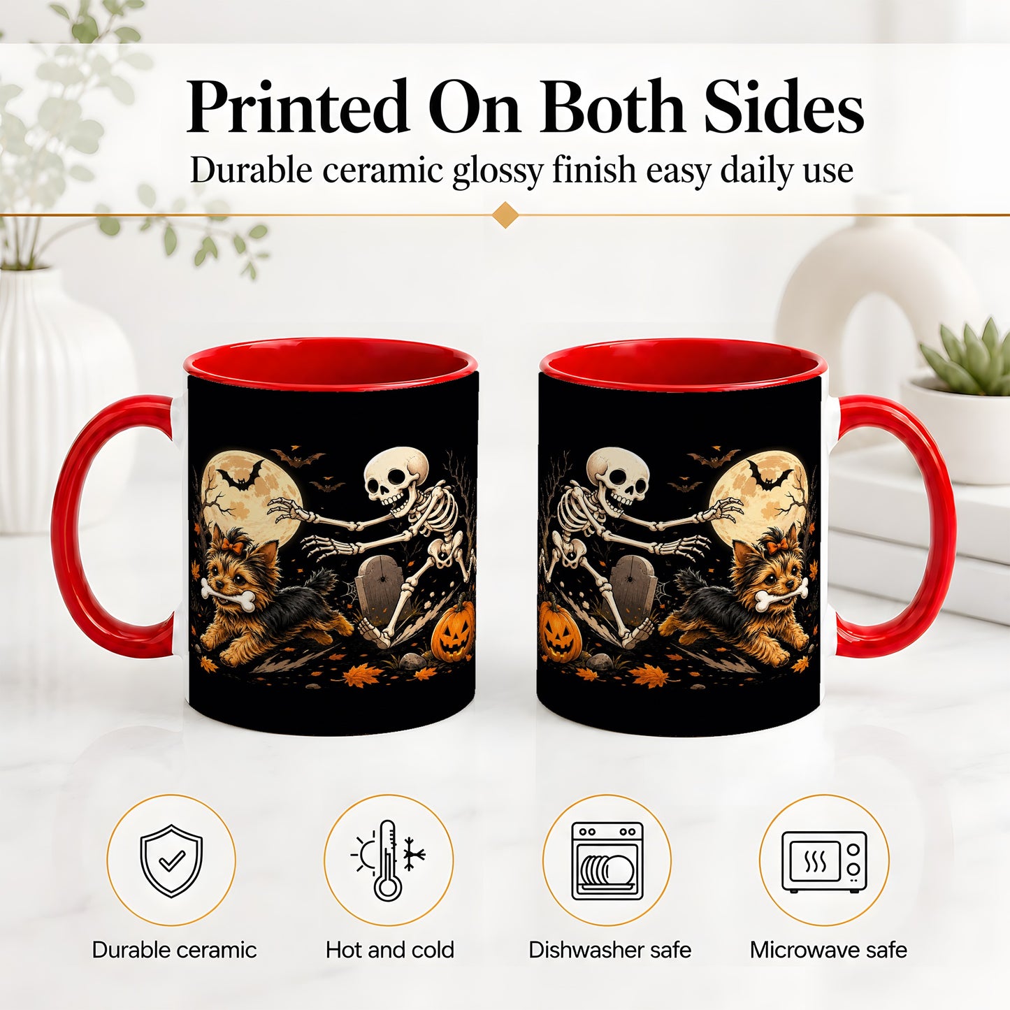 #pl[11oz|Red] Night Graveyard Yorkie Ceramic Mug, Halloween Art for Dog Lovers