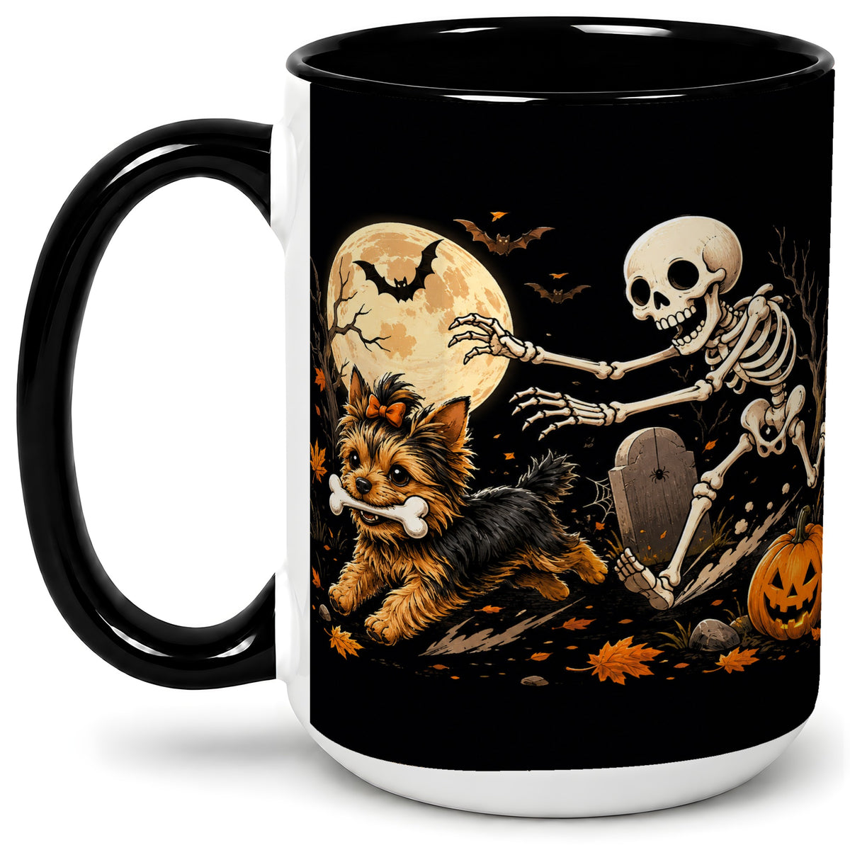 #pl[15oz|Black] Night Graveyard Yorkie Ceramic Mug, Halloween Art for Dog Lovers
