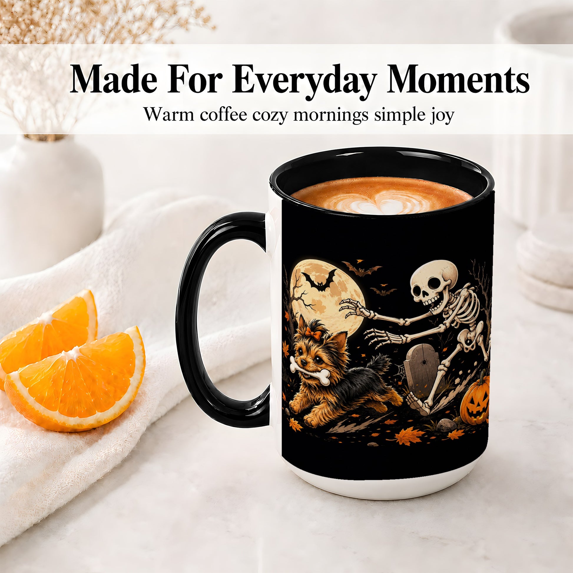 #pl[15oz|Black] Night Graveyard Yorkie Ceramic Mug, Halloween Art for Dog Lovers