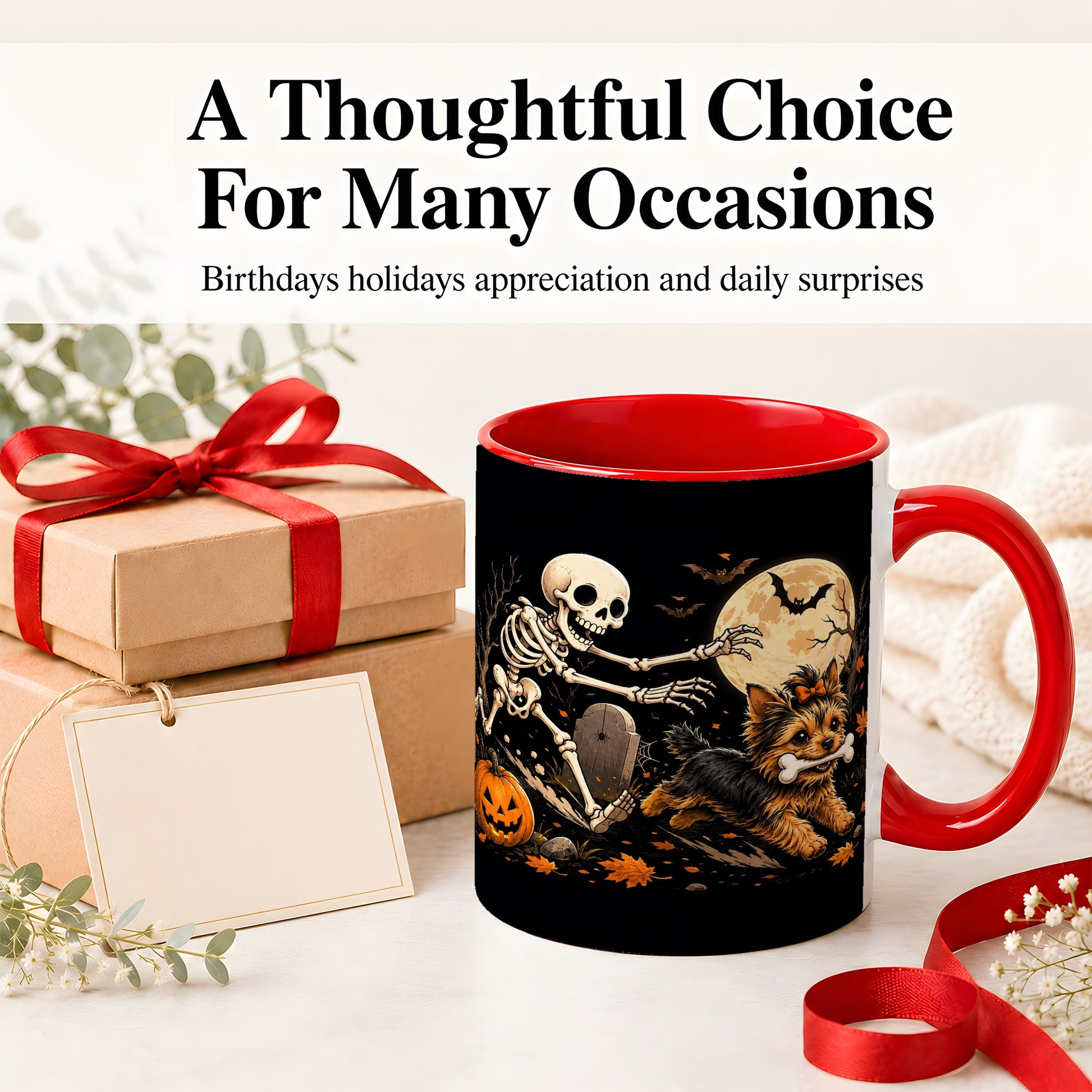 #pl[11oz|Red] Night Graveyard Yorkie Ceramic Mug, Halloween Art for Dog Lovers