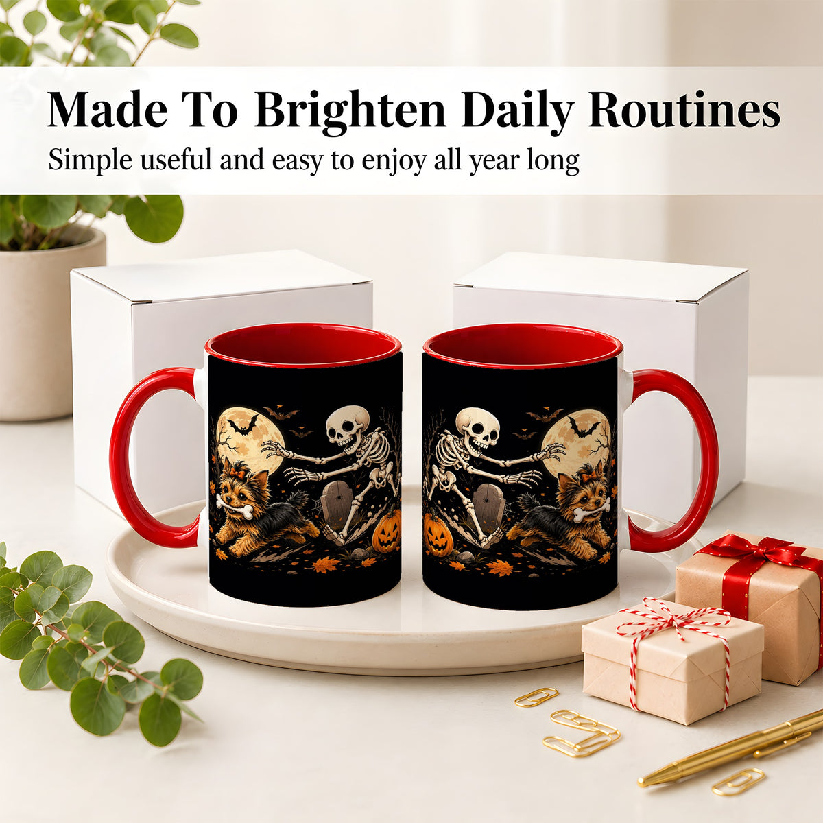 #pl[11oz|Red] Night Graveyard Yorkie Ceramic Mug, Halloween Art for Dog Lovers