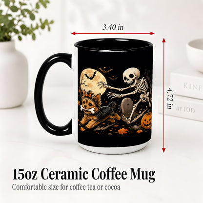 #pl[15oz|Black] Night Graveyard Yorkie Ceramic Mug, Halloween Art for Dog Lovers