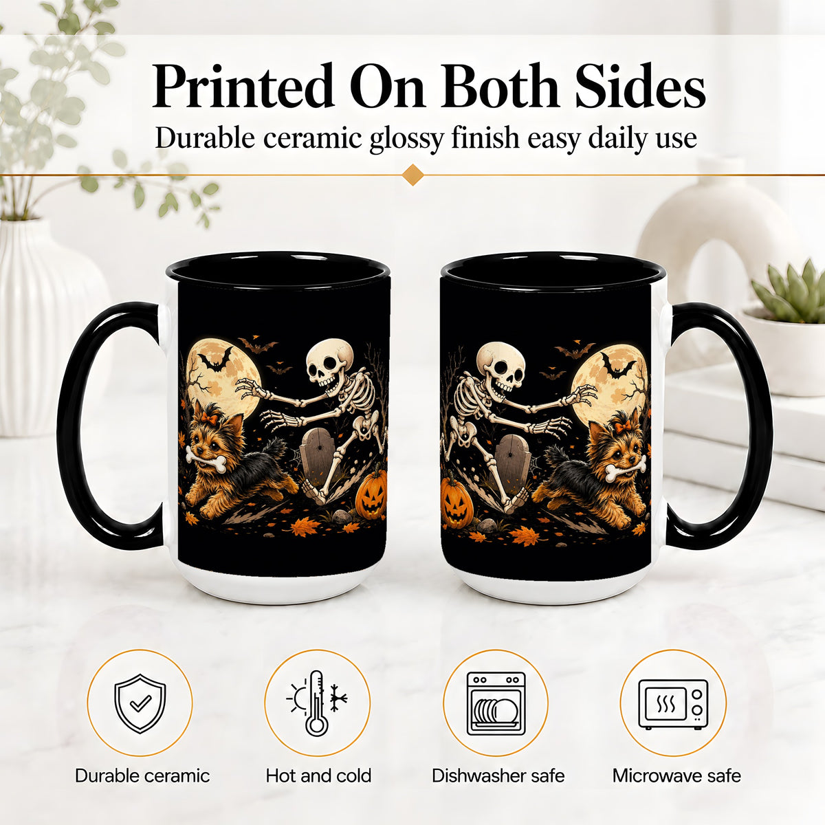 #pl[15oz|Black] Night Graveyard Yorkie Ceramic Mug, Halloween Art for Dog Lovers