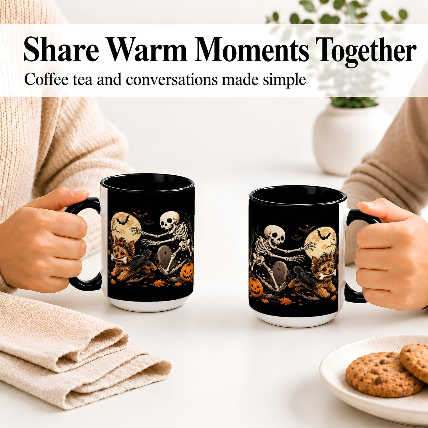 #pl[15oz|Black] Night Graveyard Yorkie Ceramic Mug, Halloween Art for Dog Lovers