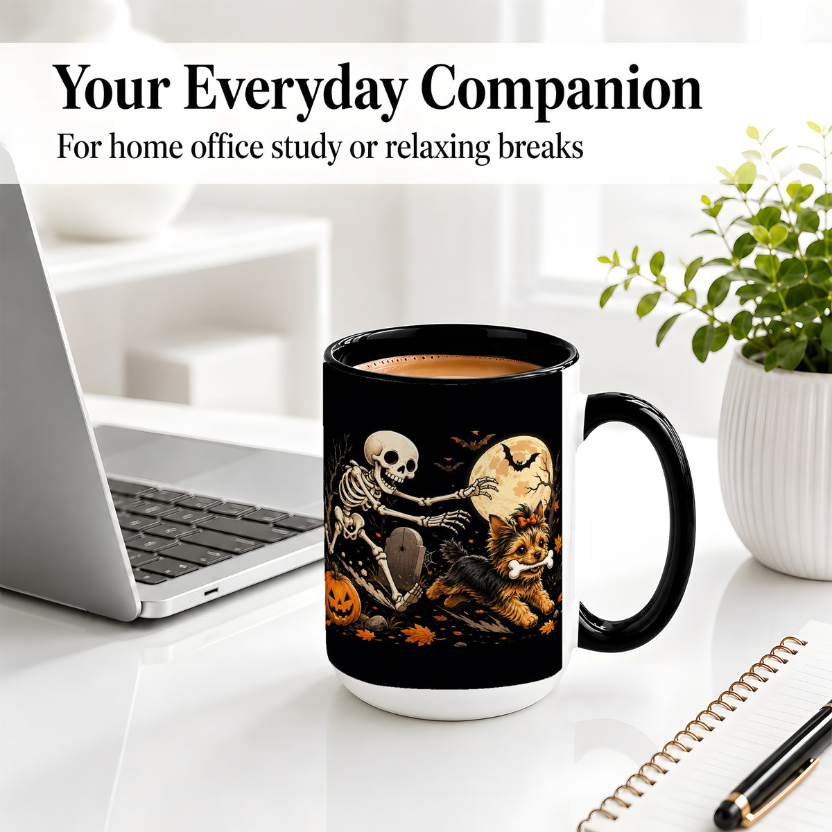 #pl[15oz|Black] Night Graveyard Yorkie Ceramic Mug, Halloween Art for Dog Lovers