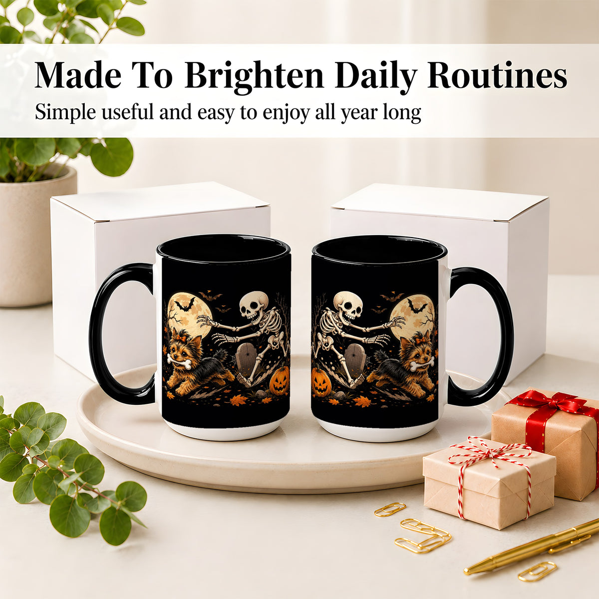 #pl[15oz|Black] Night Graveyard Yorkie Ceramic Mug, Halloween Art for Dog Lovers