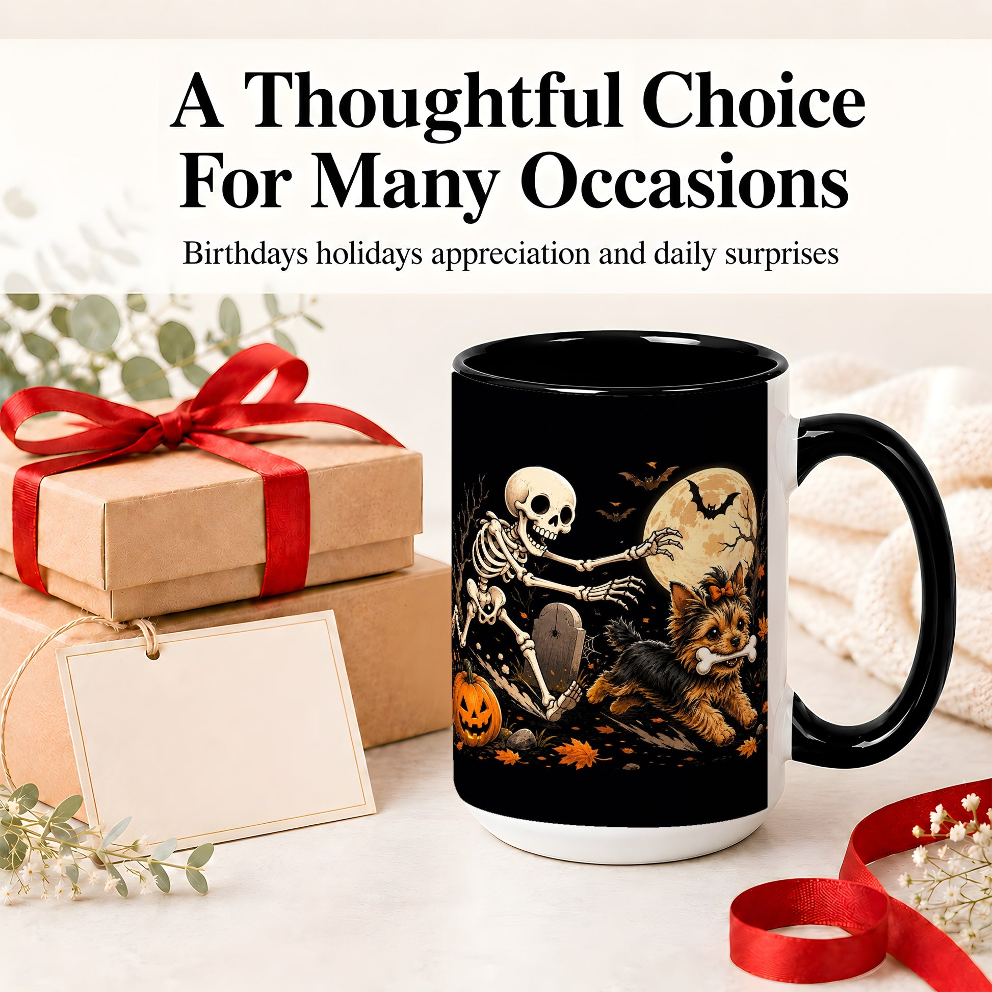 #pl[15oz|Black] Night Graveyard Yorkie Ceramic Mug, Halloween Art for Dog Lovers