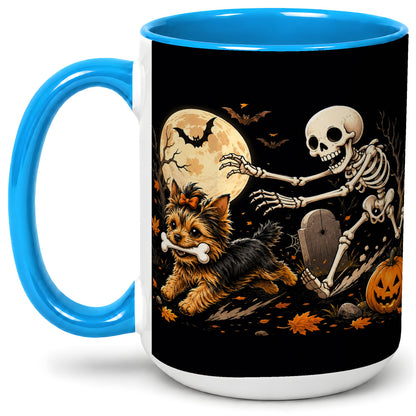 #pl[15oz|Blue] Night Graveyard Yorkie Ceramic Mug, Halloween Art for Dog Lovers