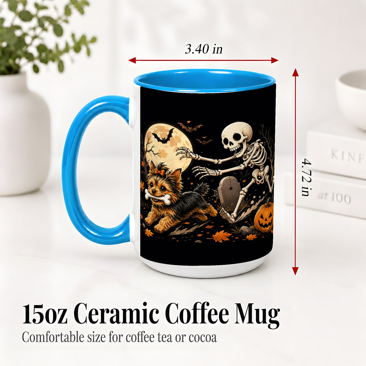 #pl[15oz|Blue] Night Graveyard Yorkie Ceramic Mug, Halloween Art for Dog Lovers